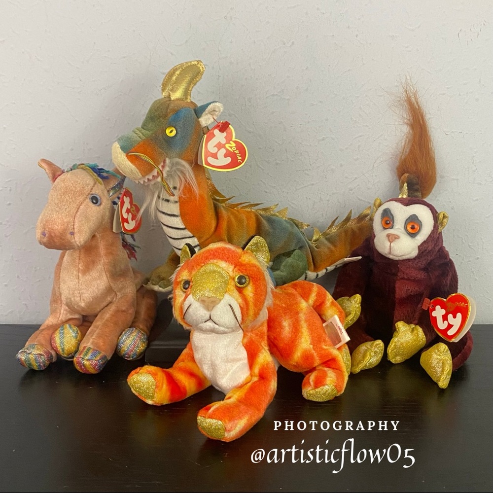 NEW! RARE! Vintage! 2000 TY Beanie Baby - Zodiac Dragon, Monkey, Horse, & Tiger